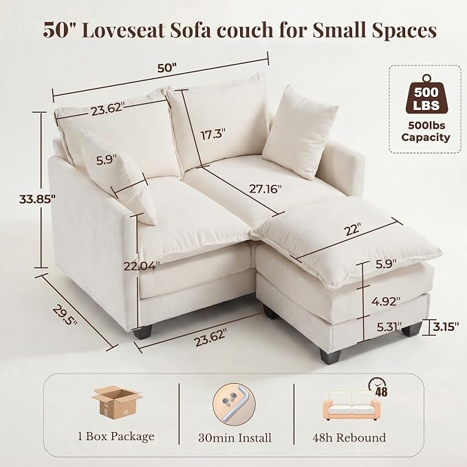 Loveseat Sofa with Ottoman, Cloud 3-Layer Cushion & 27" Deep Seat Modern Small - Image 2