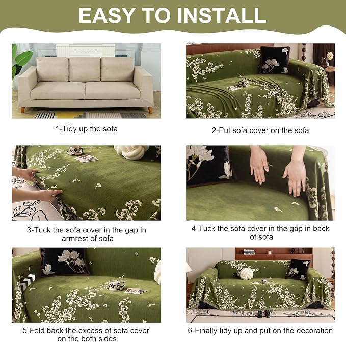 VClife Emerald Green Ginkgo Botanical Sofa Cover Non Slip Chenille Couch Cover - Image 7