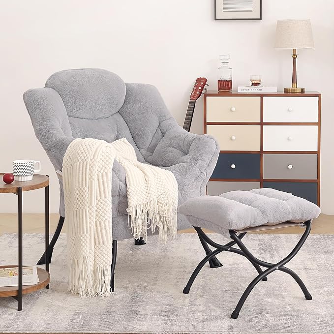 Tiita Lazy Chair with Ottoman, Light Grey Modern Large Accent Armchair - Image 9
