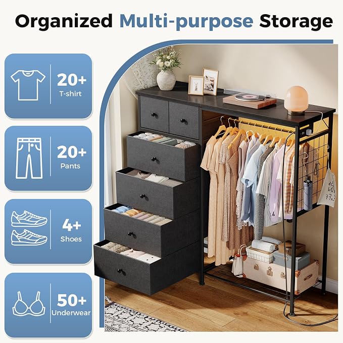 DUMOS Dresser for Bedroom with Hanging Rack, 6 Drawer Fabric Dresser with - Image 5