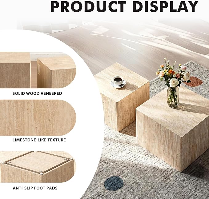 Square Nesting Tables for Living Room, Wood Travertine Veneer Nesting Coffee - Image 3