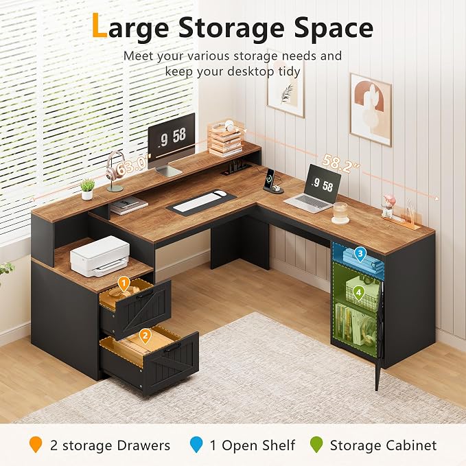 YOMILUVE 63" Farmhouse L Shaped Executive Desk - Image 4