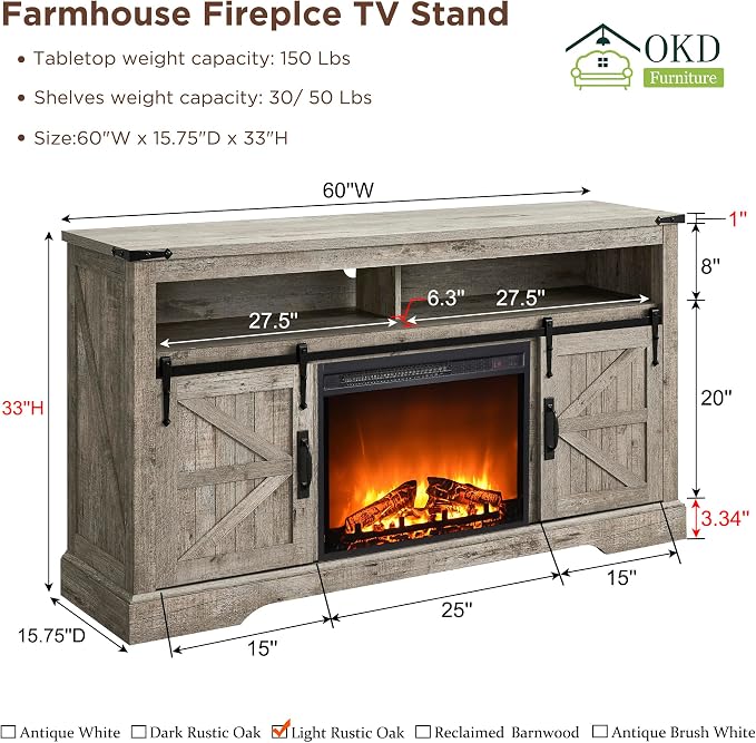 OKD Fireplace TV Stand for 65+ Inch TV, Rustic Media Console w/Sliding Barn - Image 6