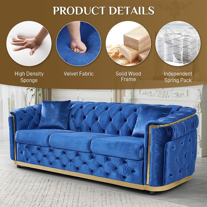 DAMAIFROM Velvet Couch Blue and Gold Sofa Luxury Loveseat 84.6" Mid Century - Image 4