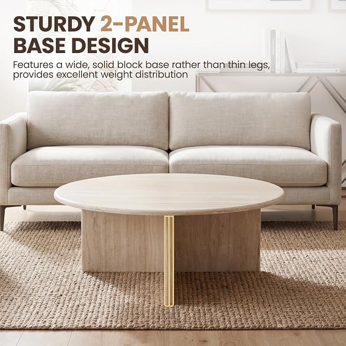 HNY Modern Round Coffee Table Marble Veneer Wood Center Table 31.5" Faux - Image 4