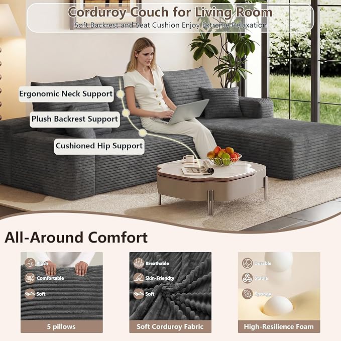 95" Cloud Sectional Couch with L-Shape Chaise, Modular Comfy Sofa Chaise Longue - Image 3