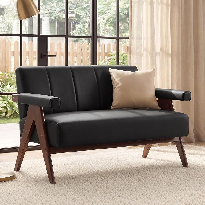 STHOUYN Black Leather Loveseat Sofa and Accent Chair, Mid-Century Modern Office - Image 8