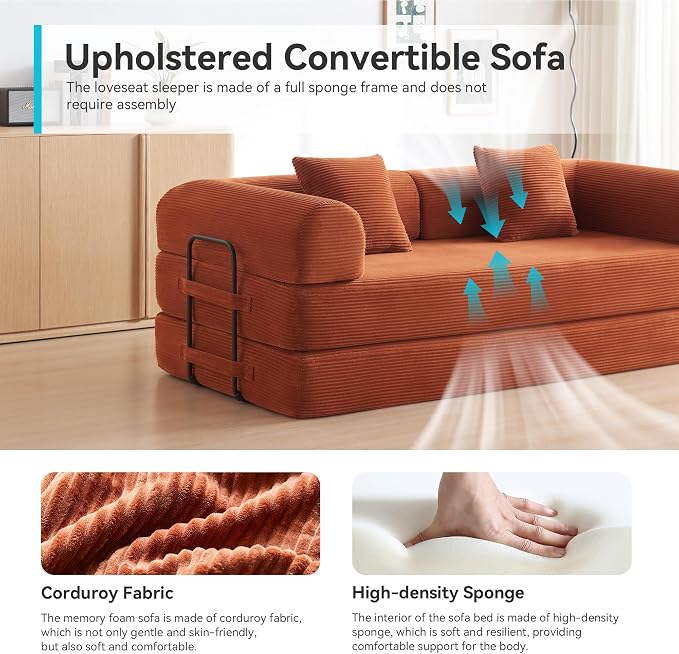 Convertible Sleeper Sofa with 2 Pillow, Modern Corduroy Futon Bed, Modular Sofa - Image 6