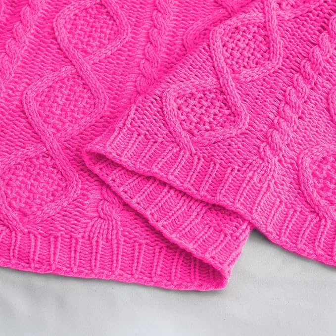 Homiest Hot Pink Cable Knit Throw Blanket Set of 3, Soft & Cozy Acrylic Blanket - Image 8