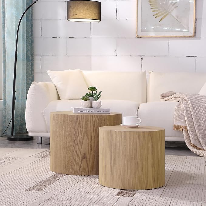Small Round Coffee Table Nesting End Table Set of 2, Wood Side Circle Accent - Image 7