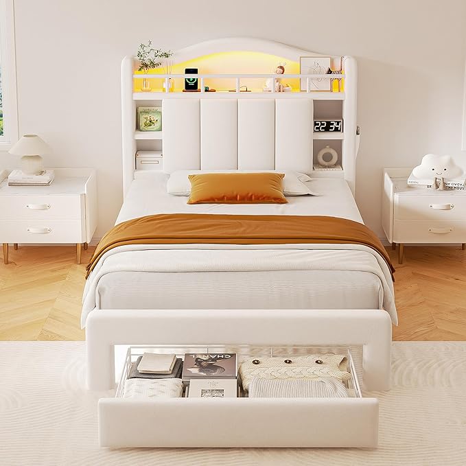 Twin Size Bed Frame with LED Storage Headboard & 2 Storage Drawers, Velvet - Image 3
