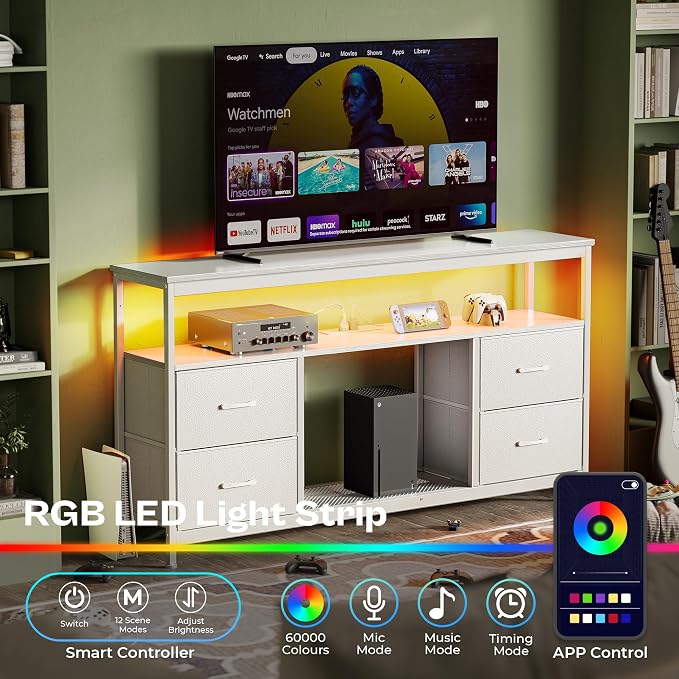 Huuger TV Stand Dresser with Power Outlets and LED Lights, 4 Drawers - Image 2