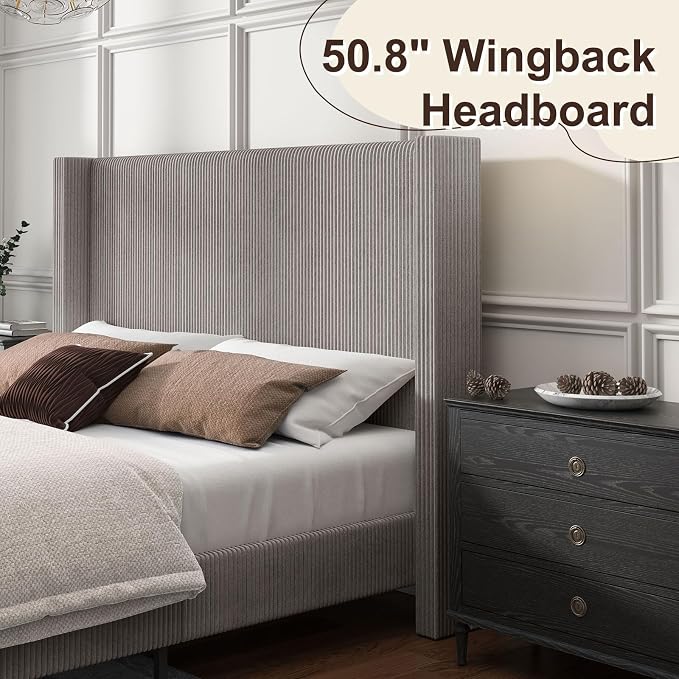 HOWE Queen Size Bed Frame with 50.8" Tall Wingback Headboard, Modern Corduroy - Image 5