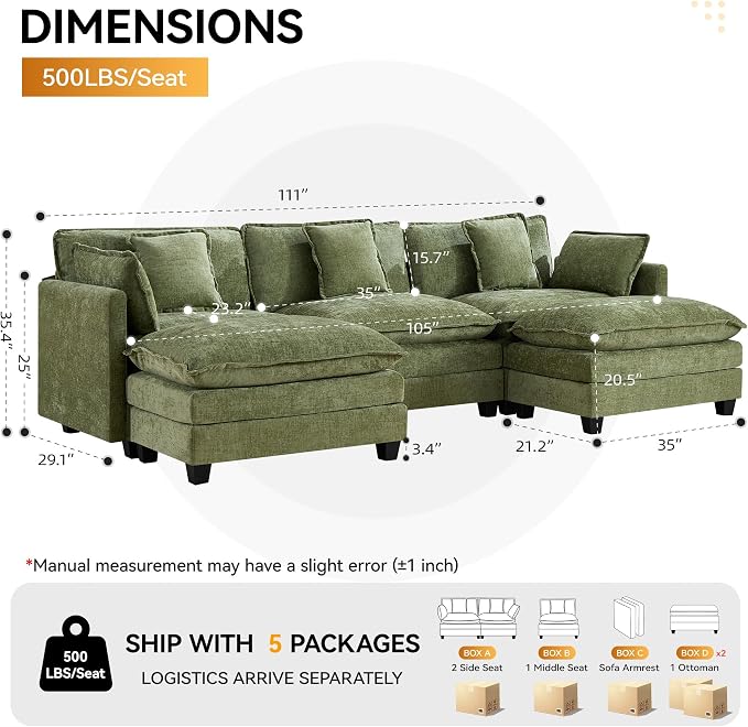 111'' Sectional Cloud Deep Seat Couch, Oversized Chenille U Shaped Sectional - Image 2