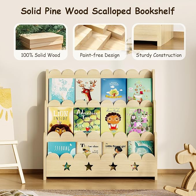 EXPERLAM Scalloped Kids Bookshelf, 3-Tier Front Facing Toddler Bookshelf - Image 6
