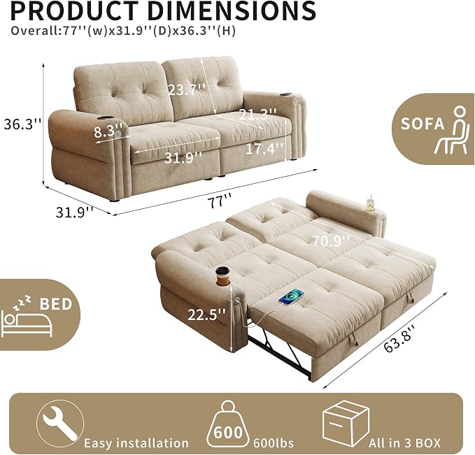 Convertible Couches, Queen Size Pull Out Sofa Bed - Image 2