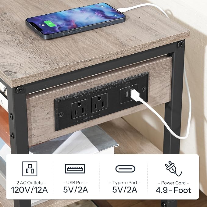 HOOBRO End Table with Charging Station, Simple Rustic Side Table with 3-Tier - Image 6