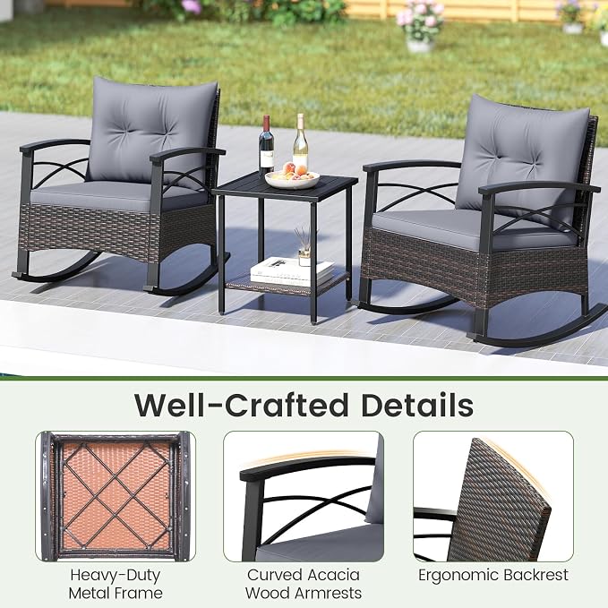 Tangkula 3 Pieces Outdoor Rocking Chairs Set, Rattan Heavy Duty Cushioned - Image 8