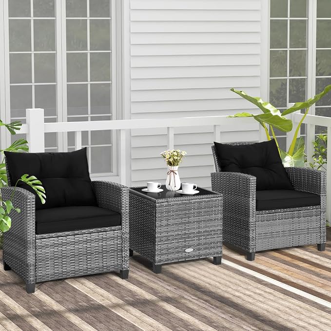 COSTWAY 3PCS Patio Furniture Set, PE Rattan Wicker Sofa w/Washable Cushion and - Image 2