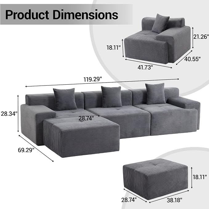 119'' Modular L-Shaped Boneless Sectional, Corduroy Deep Seat Cloud Sectional - Image 2