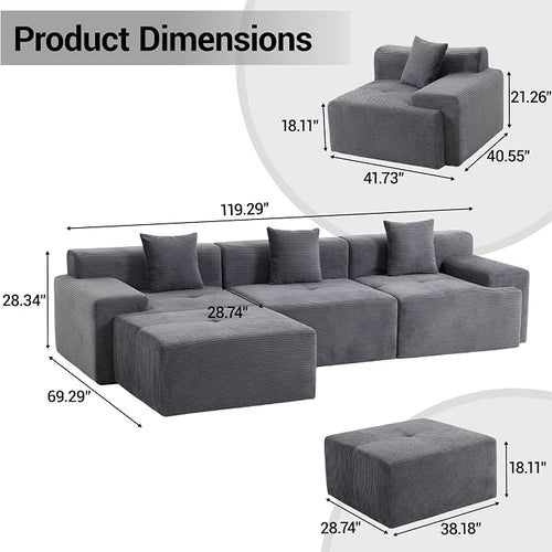 119'' Modular L-Shaped Boneless Sectional, Corduroy Deep Seat Cloud Sectional - Image 2