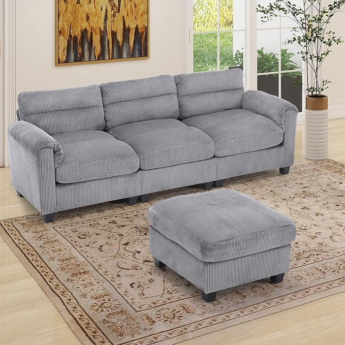 HAOMARKETS Corduroy 2-Piece Sofa Set, Upholstered Ottoman and 3-Seater Sofa by HAOMARKETS