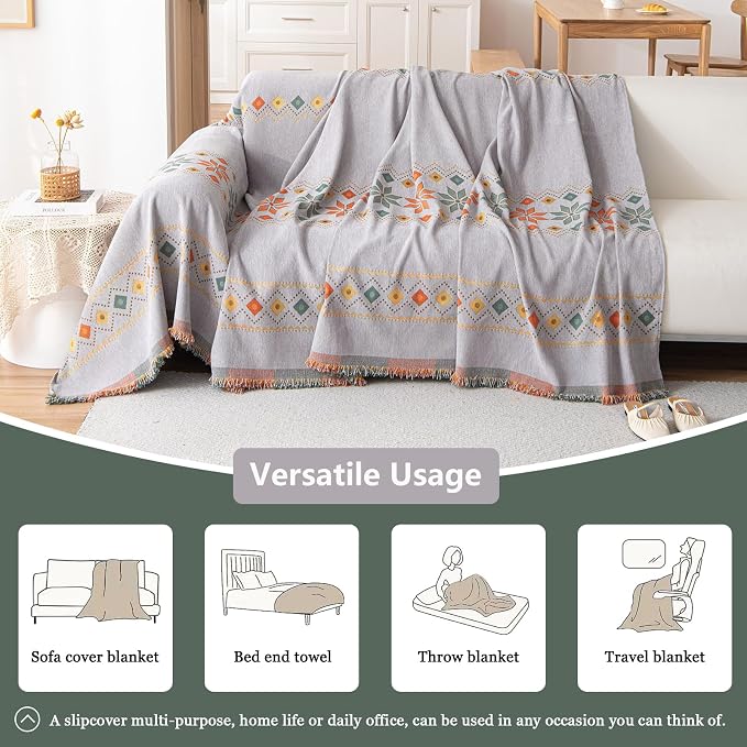 DREAMINGO Boho Couch Cover Grey Chenille Sofa Protecor - Image 5