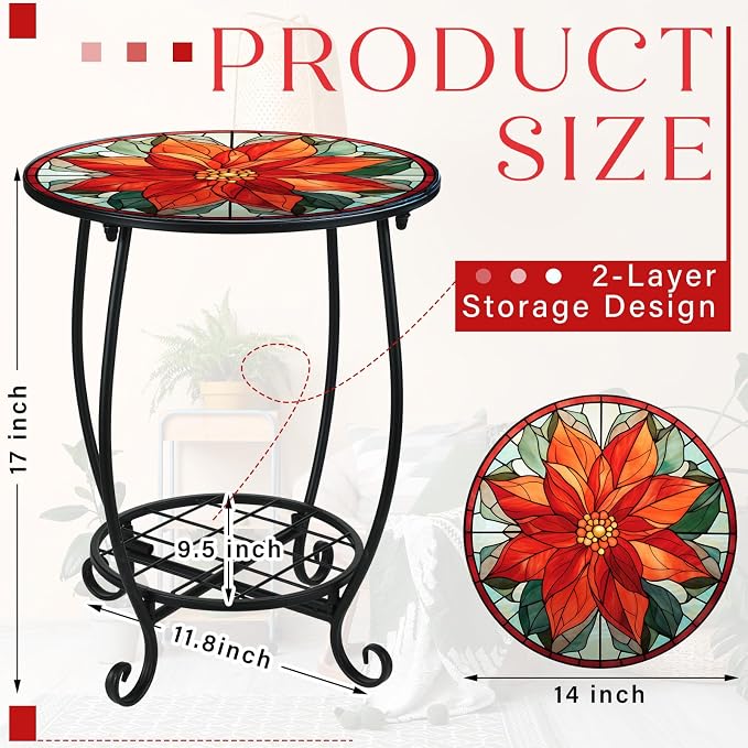 Cinnvoice Outdoor Side Table Round Small Mosaic Patio Accent Indoor End Plant - Image 3