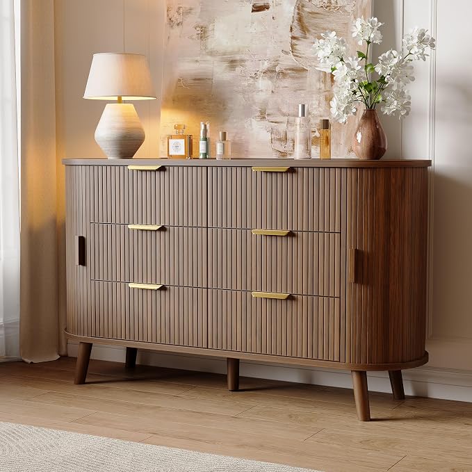 Decofy Fluted 6 Drawers Dresser, Curved Profile & Sturdy Legs, Wood TV Stand - Image 8