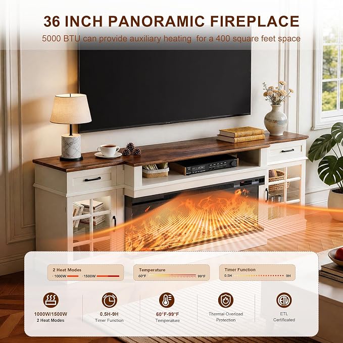 MXV 80" Fireplace TV Stand, 3-Sided Glass Fireplace and Modern Entertainment - Image 6