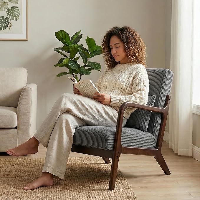 Mid Century Modern Accent Chair, Upholstered Corduroy Armchair - Image 8