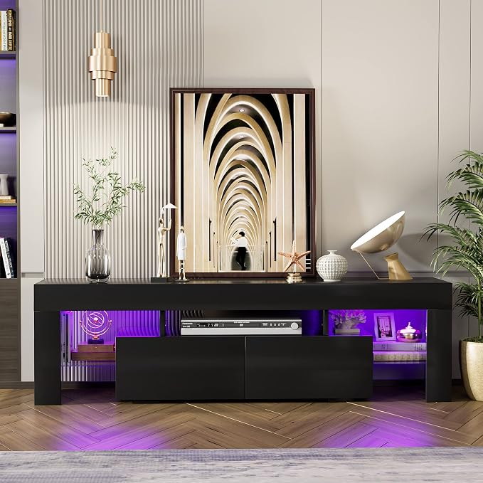 JUMMICO TV Stand, Modern Lighting TV Cabinet Entertainment Center Media and - Image 7