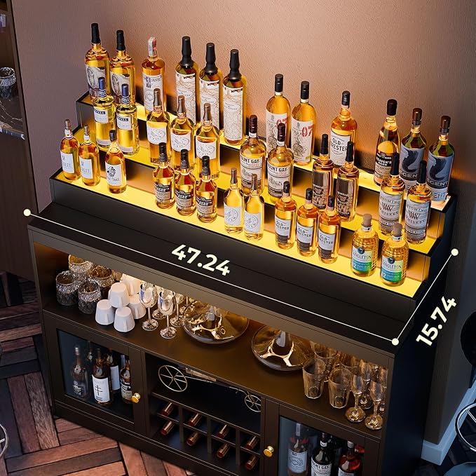 Loomie Wine Bar Cabinet with LED Lighted Liquor Bottle Display Shelf, Liquor - Image 4