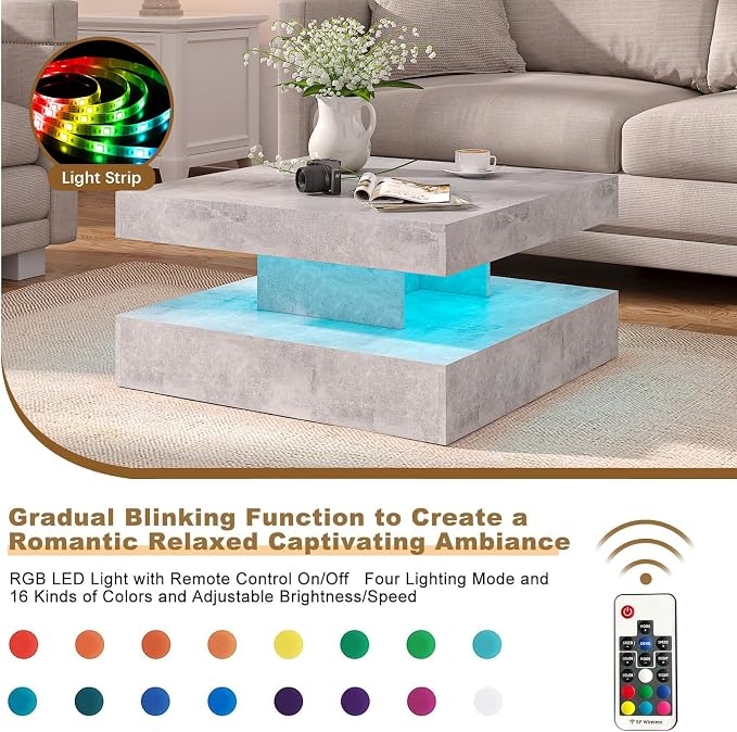 HedoAjim Grey LED Coffee Table for Living Room, Living Room Table 2-Tier Square - Image 4
