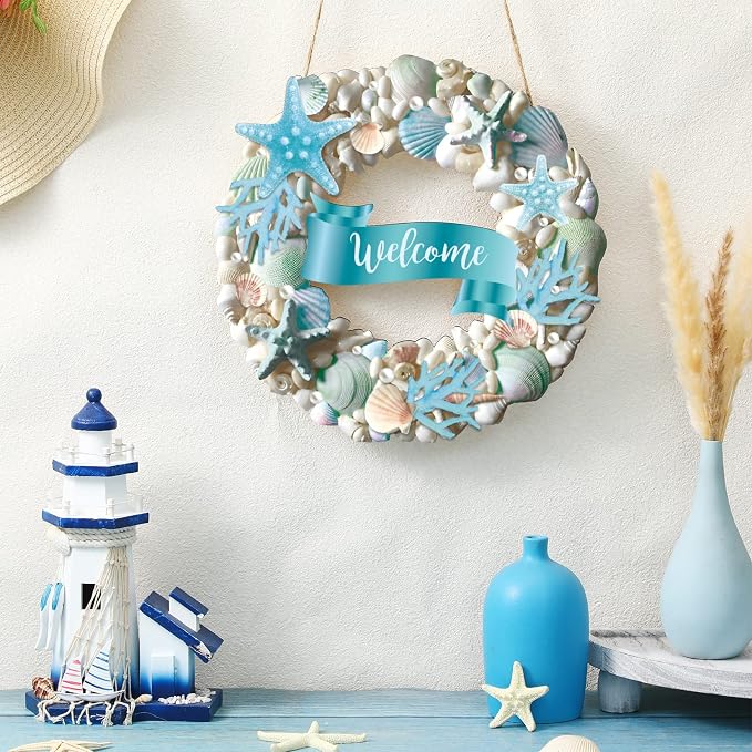 Wesiti Summer Coastal Shell Wreath 12 Inch Wooden Welcome Wreath - Image 6