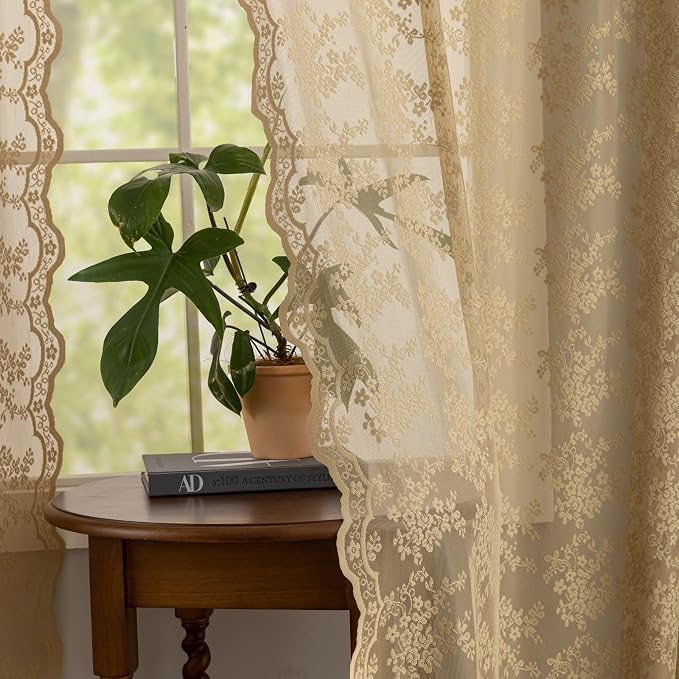 YJ YANJUN Vintage Lace Curtains 96 Inches Long-Victorian Floral Pattern Tan - Image 5