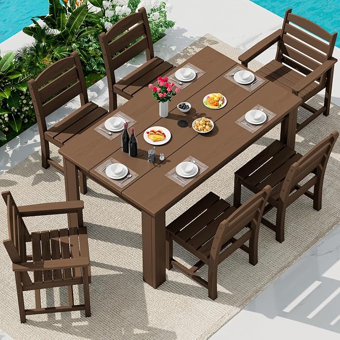 SERWALL HDPE Dining Set for 6: 1 Umbrella Hole Table, 4 Armless + 2 Armchairs. by SERWALL