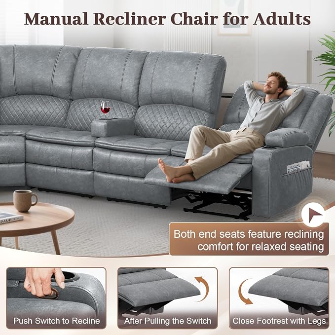 Yolsali Manual Reclining Sectional Sofa Set, 5 Seats 1+1+3 Leather Reclining - Image 6