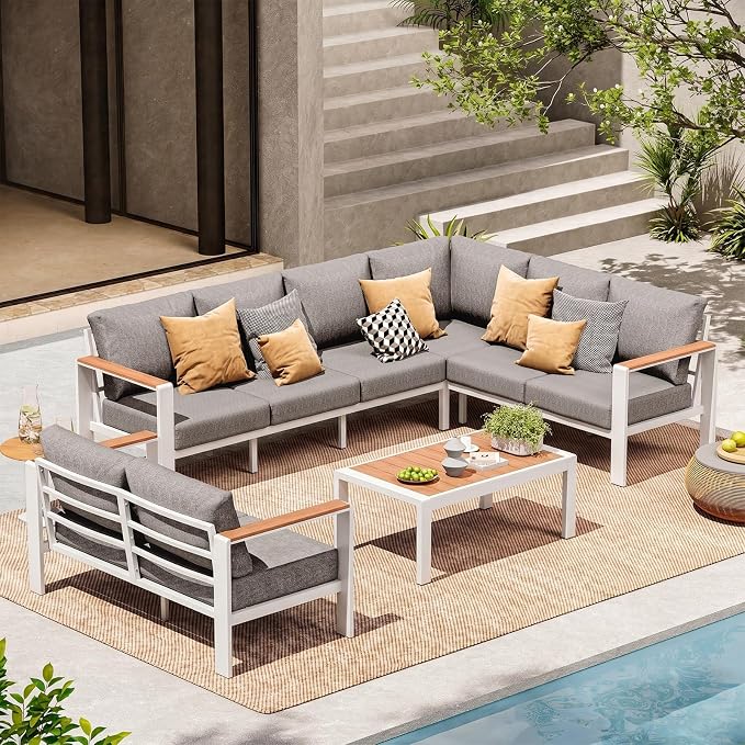 Aluminum Outdoor Patio Furniture Set 8 Seats, Outdoor Sectional Corner Sofa by ComfCove