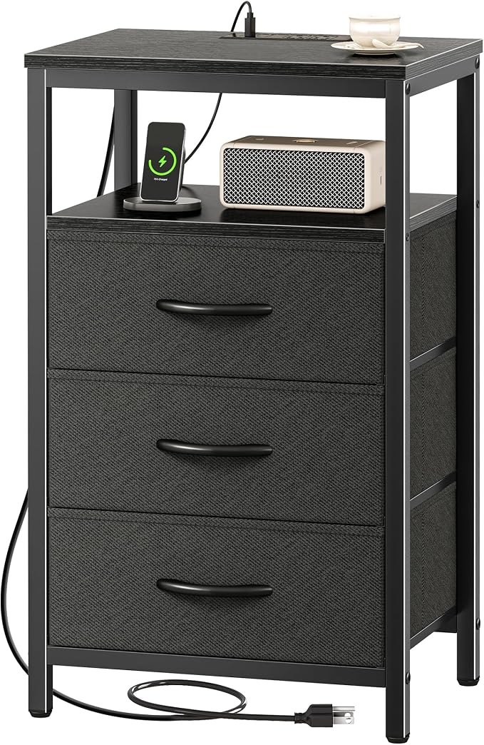 Huuger Nightstand with Charging Station, 27.6 Inch Side Table with Fabric by Huuger