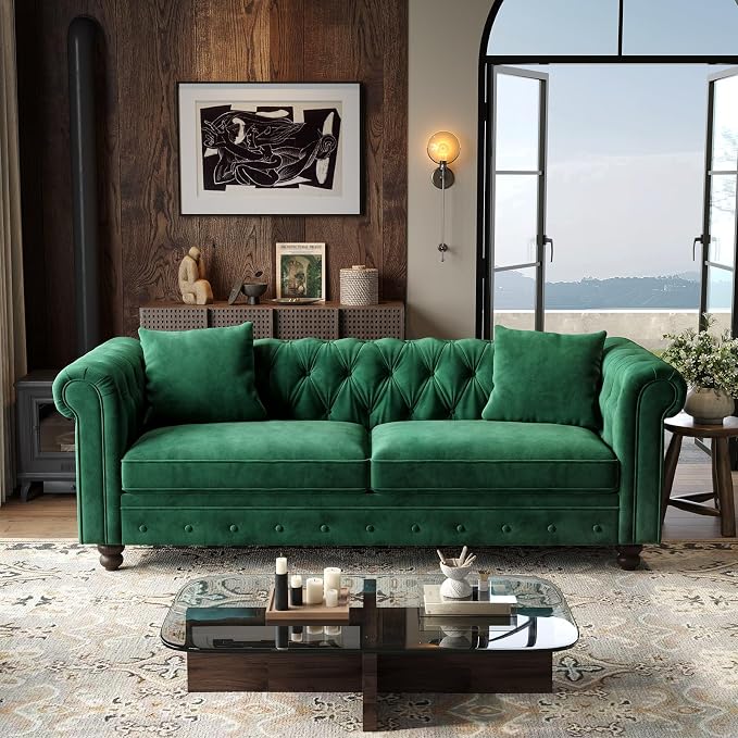 ONBRILL 82 Inch Chesterfield Sofa, 23 Inch Deep Seat Velvet Couch - Image 2