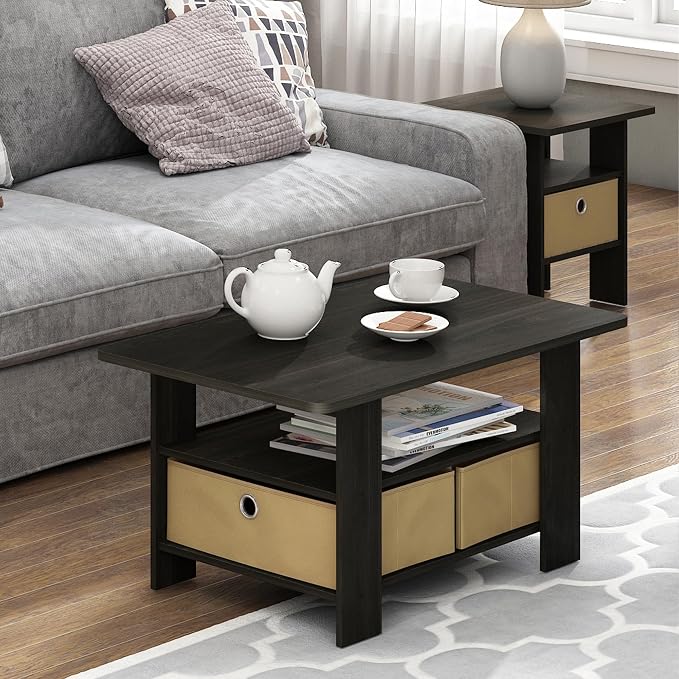 Furinno Coffee Table with Bins, Espresso/Brown - Image 2