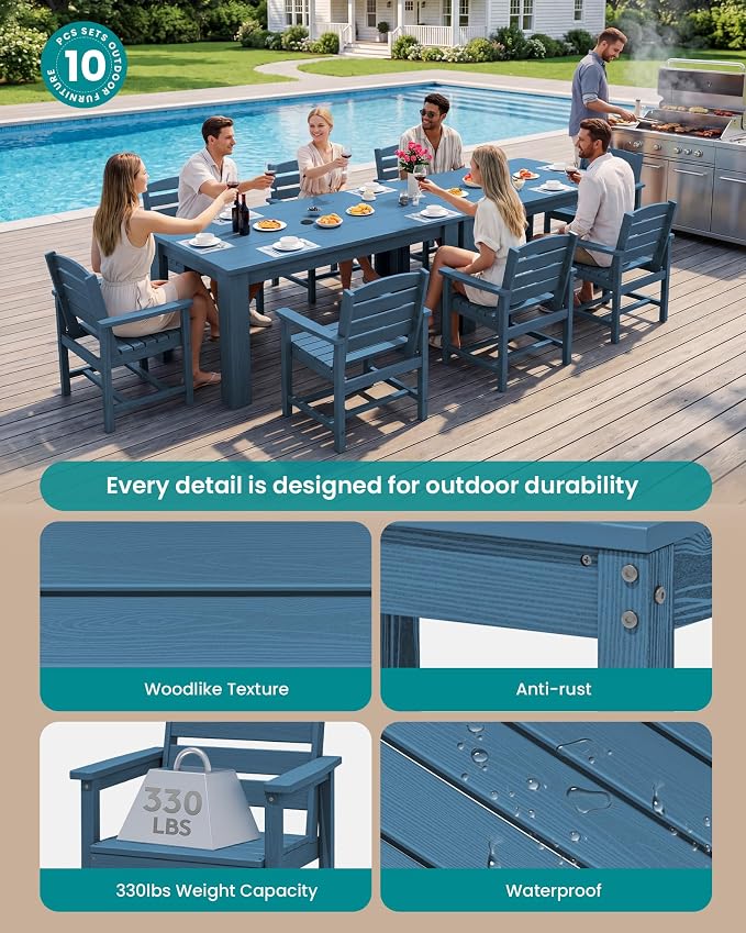 SERWALL HDPE Dining Set for 8: 2 Umbrella Hole Tables + 8 Chairs. Includes 8 - Image 2