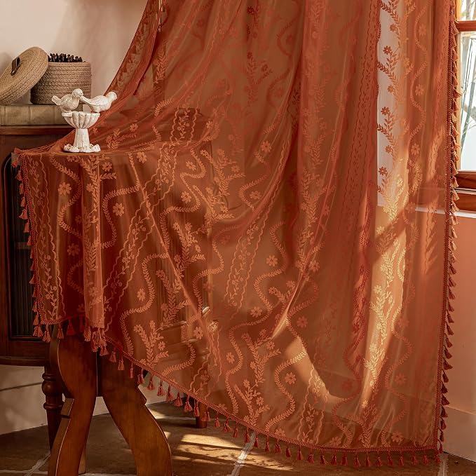 WAZZIO Boho Lace Curtains 90 Inch 2 Panels-Vintage Sheer Panel Drape Floral by WAZZIO