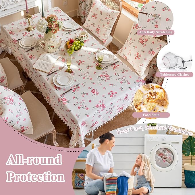 VClife White and Pink Print Table Cloth, Linen Texture Tablecloth - Image 5