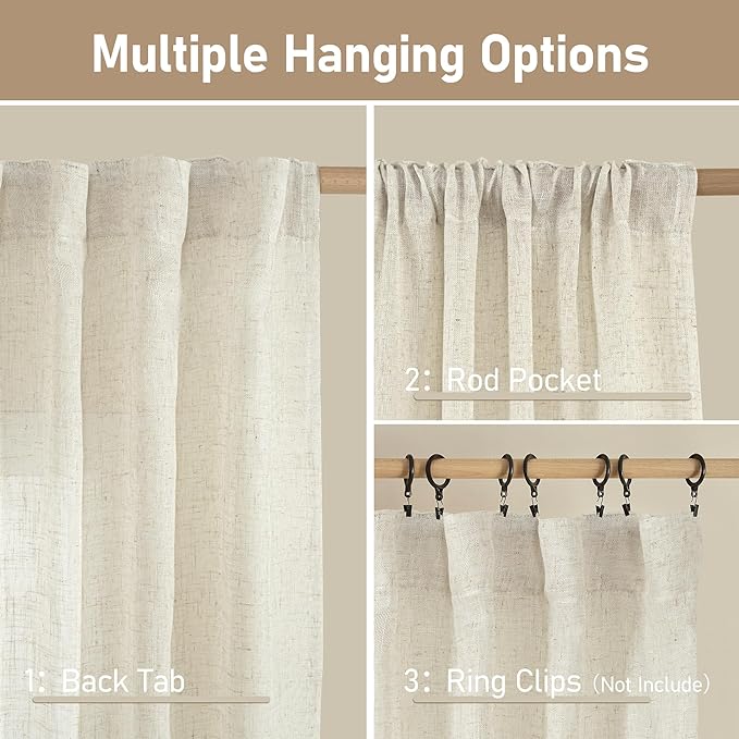 LAMIT Light Filtering Natural Linen Curtains 63 inches Long, Ivory Cream Linen - Image 3