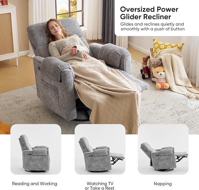 Oversized Power Recliner Chair, Chenille Glider Rocking Nursery Chair - Image 7