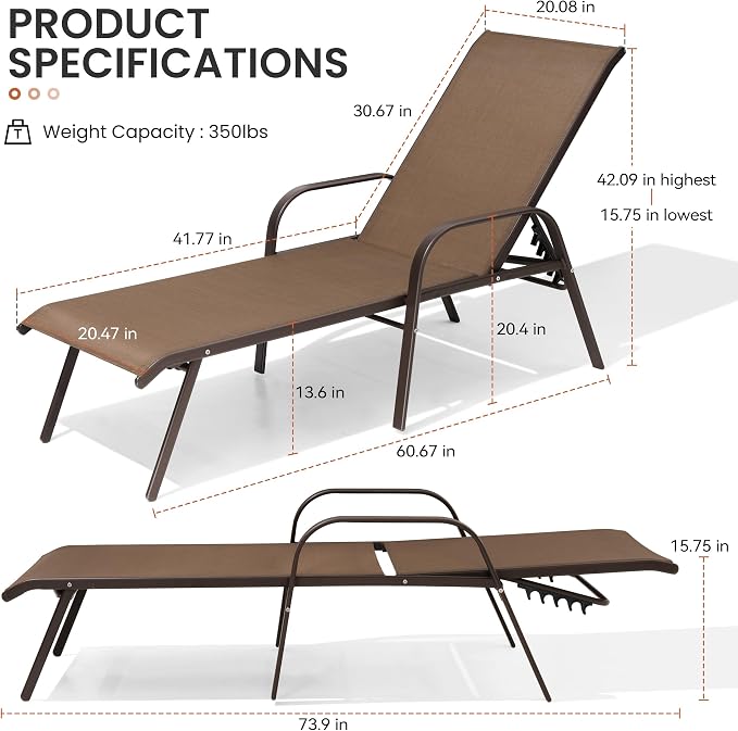 Crestlive Products Outdoor Chaise Lounge Chair, 5-Position Pool Lounge Chairs - Image 2