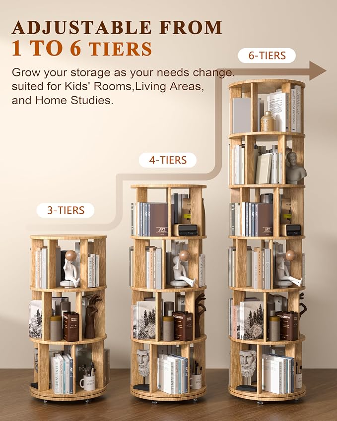6-Tier Solid Wood Rotating Bookshelf on Wheels, 360° Spinning Book Shelf Tower - Image 4
