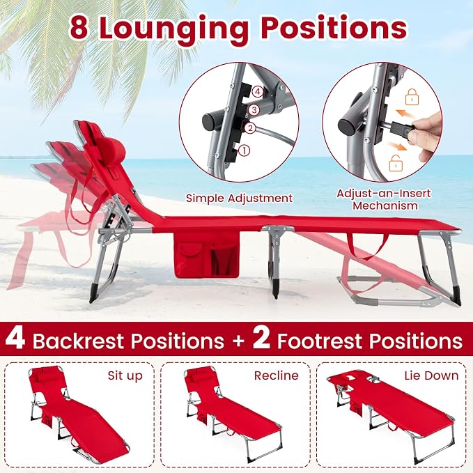 Goplus Tanning Chair, Folding Adjustable Patio Lounger w/Face Arm Holes - Image 5